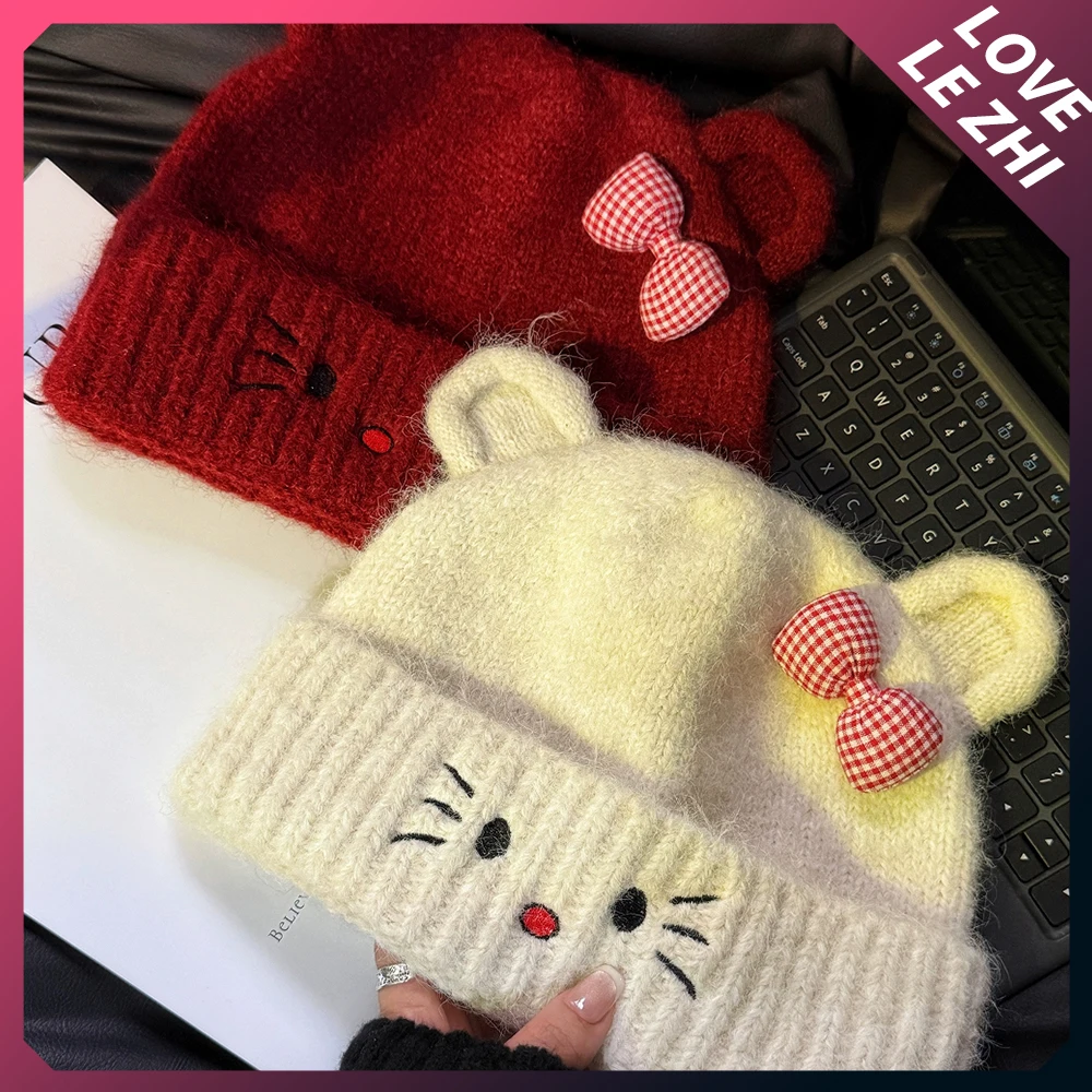 

1Pc New Kawaii Cute Kt Cat Autumn Winter Outdoor Thickened Keep Warm Knitted Cap Sweet Cartoon Pink Grid Bowknot Knitted Hat