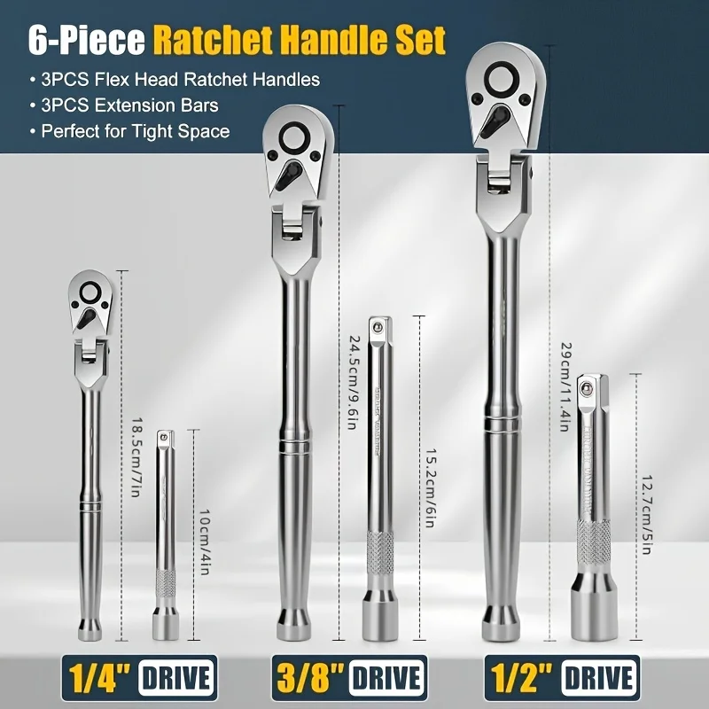 6pcs Flex Head Ratchet Wrench Set 72 Tooth Swivel Spanner 1/4 3/8 1/2 Drive With Extension Bar EVA Foam Tray Car Repair Tool