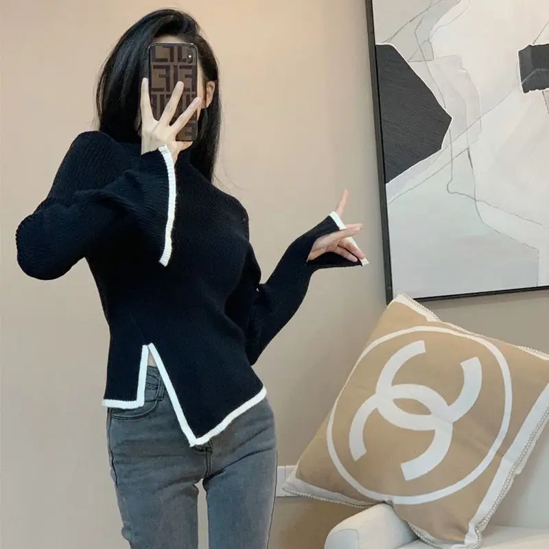 Half High Neck Sweater with Irregular Slit Design for Women Niche and Unique Base Knit Top