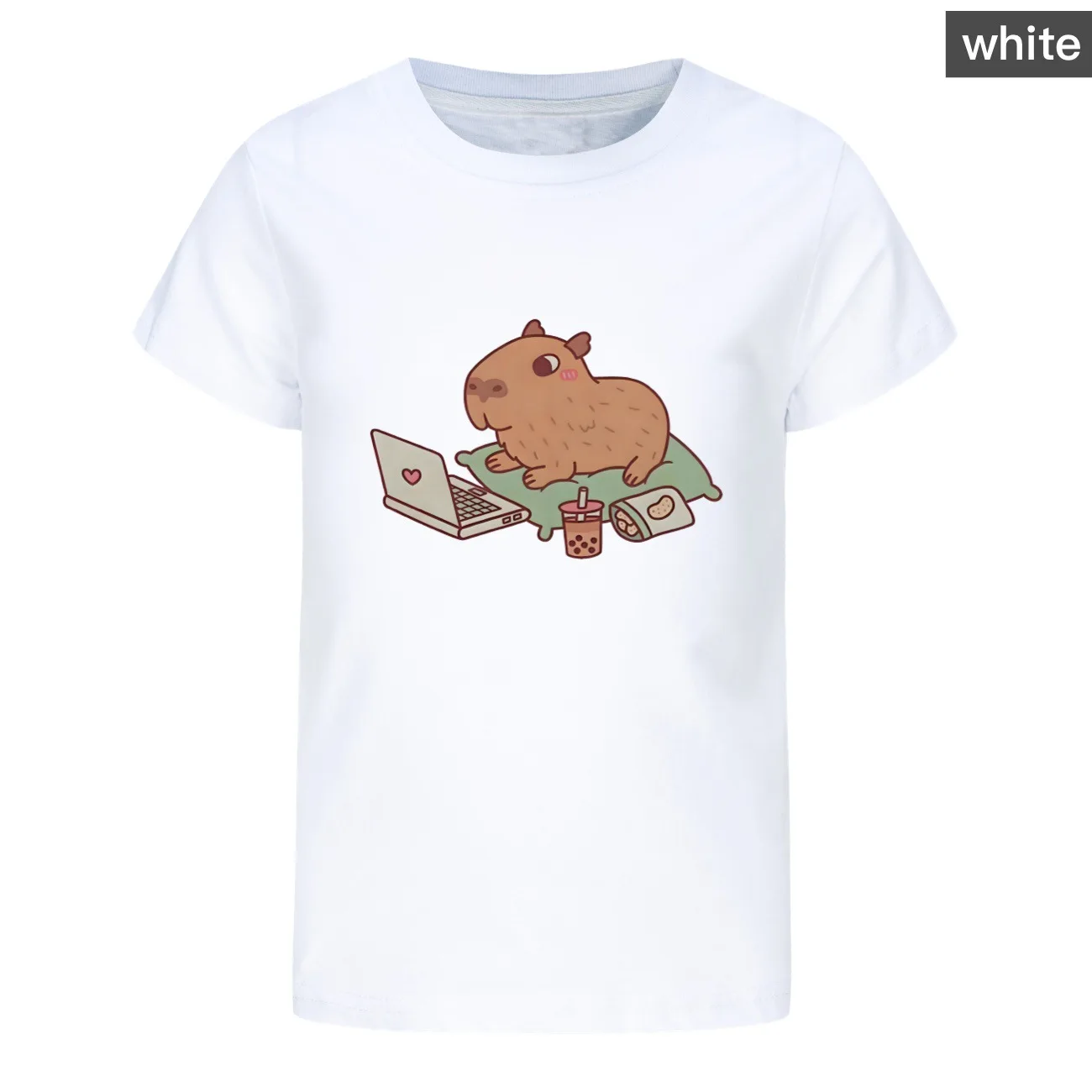 Kawaii Capybara Working Hard Print Tshirt Kids Cute Cartoon Clothes Baby Girls Short Sleeve Tees Teenager Boys O-neck Loose Tops