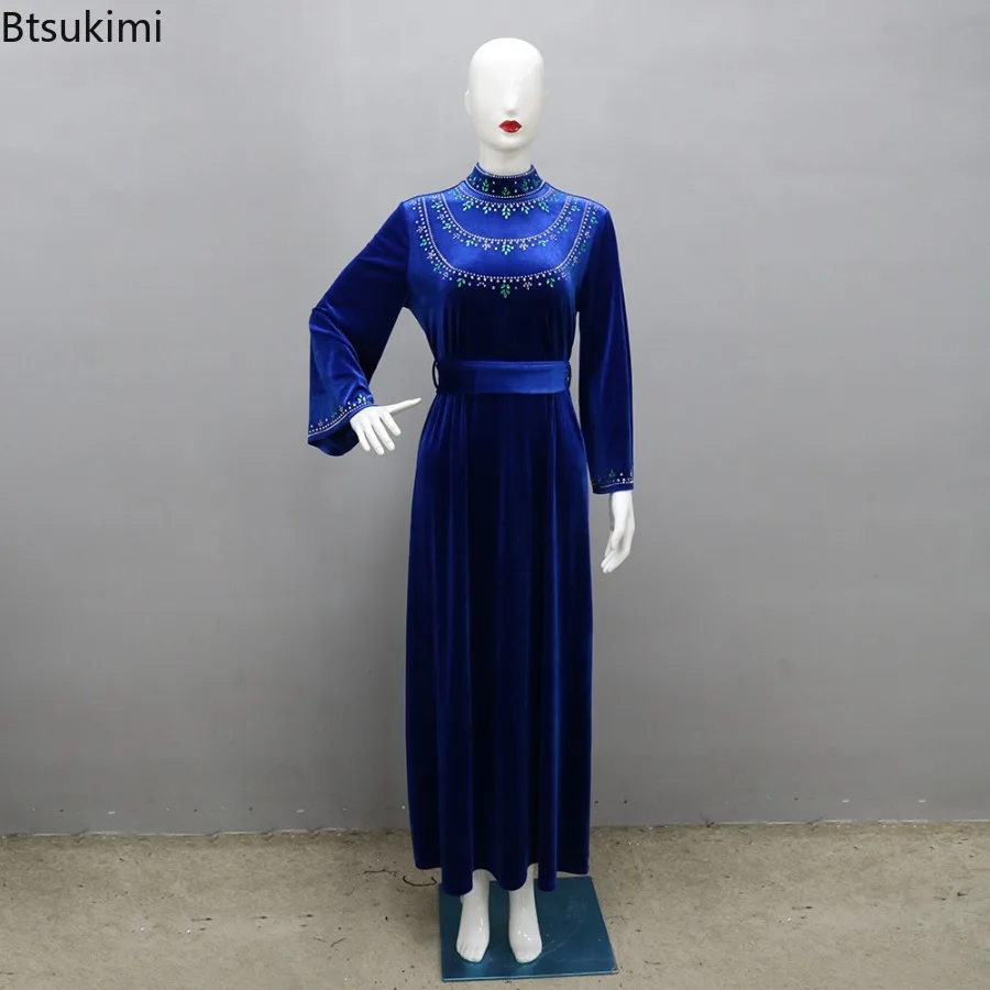 Eid Muslim Women Dresses Velvet Diamond Abaya Elegant Party Maxi Dress Ramadan Morocco Kaftan Robe Saudi Arab Vestidos Jalabiya 3