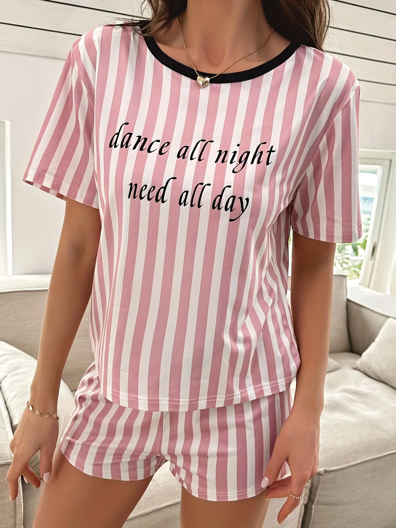Women's new style bow-tie logo printed striped pajama set with lettered short-sleeved shorts two-piece casual home wear