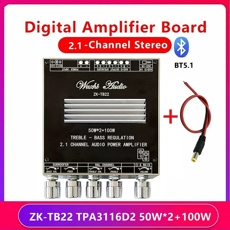 

ZK-TB22 2.1 Channel Bluetooth 5.1 Amplifier Board With DIY Case+DC Cable TPA3116D2 50Wx2+100W Tweeter Subwoofer Adjustment