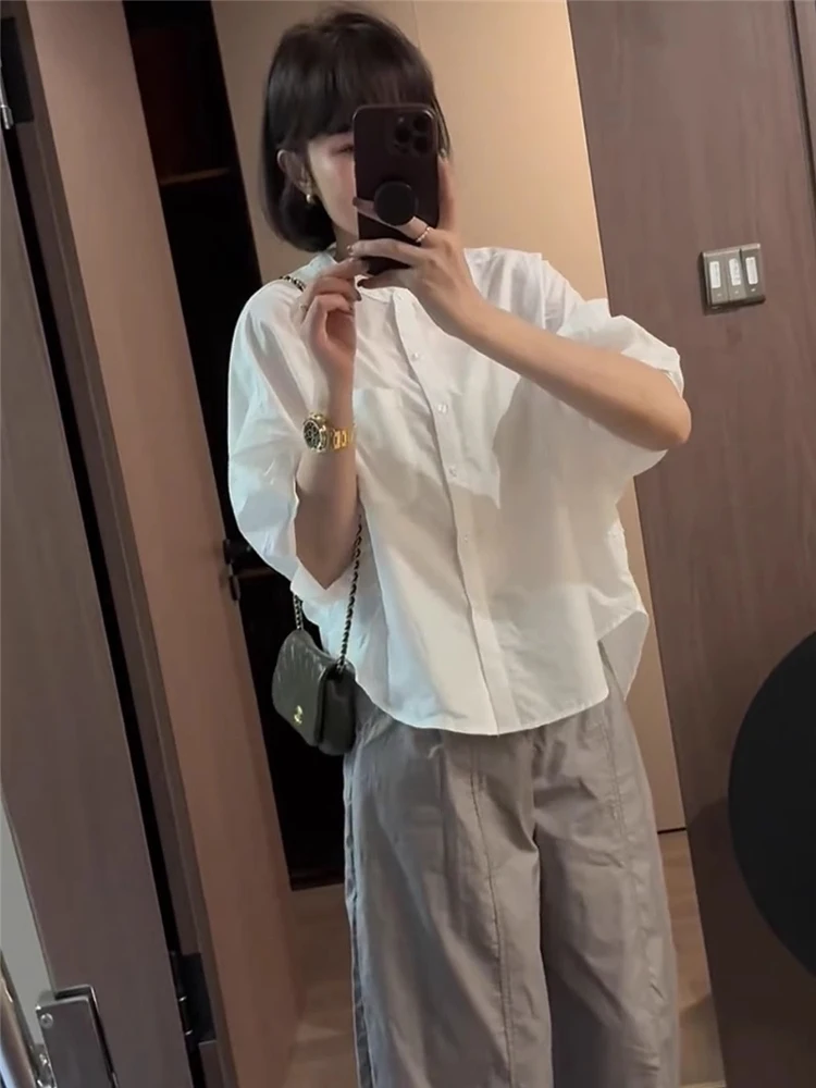 

Women's Loose Fit Short Sleeve Shirt Thin Summer New Korean Style Small Size Premium Feeling Casual Button up Polyester Blend