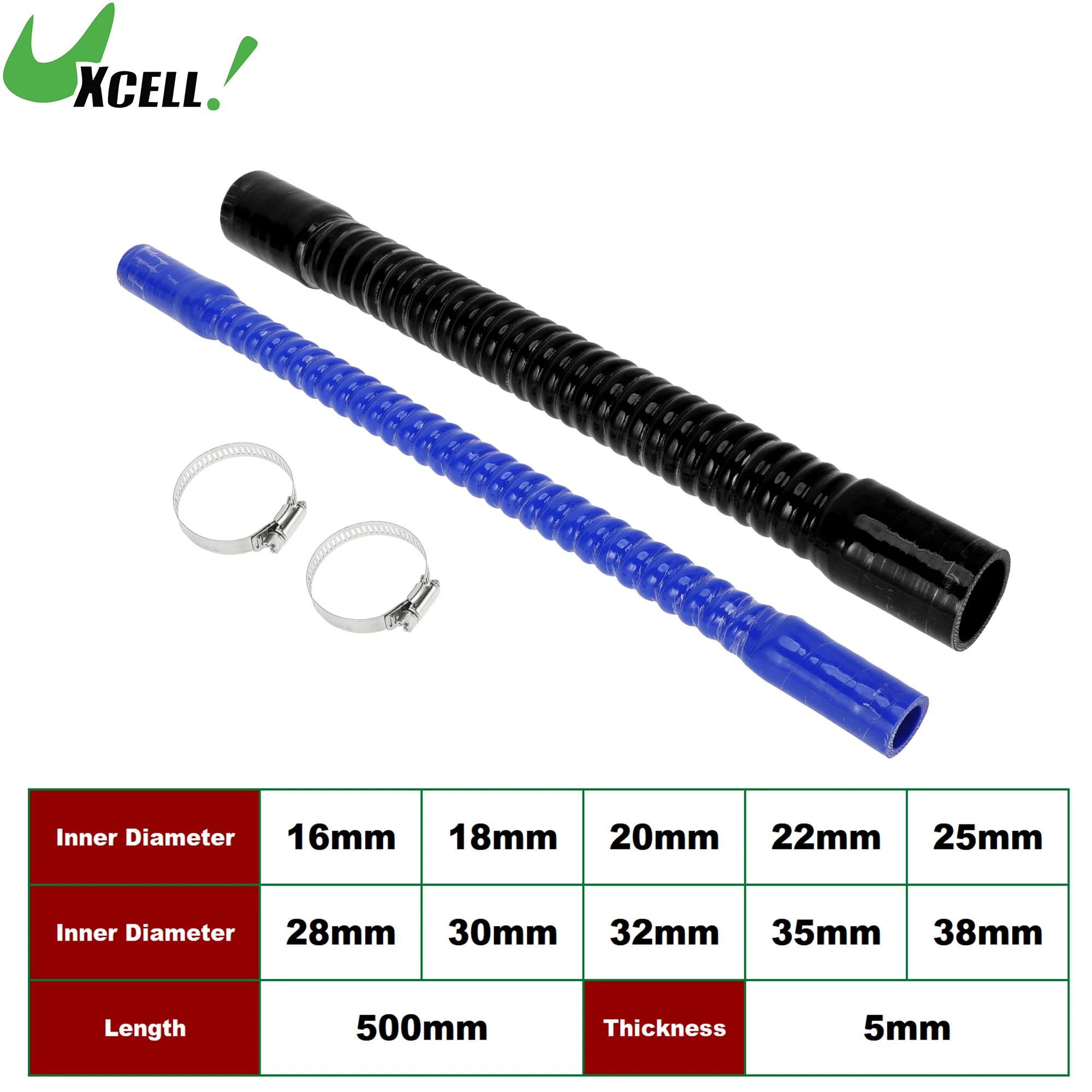 UXCELL 500mm Long 5mm Thick Car Silicone Corrugated Pipe Threaded Hose Inlet Outlet Joint Coolant Hose with Clamps 16mm-38mm ID