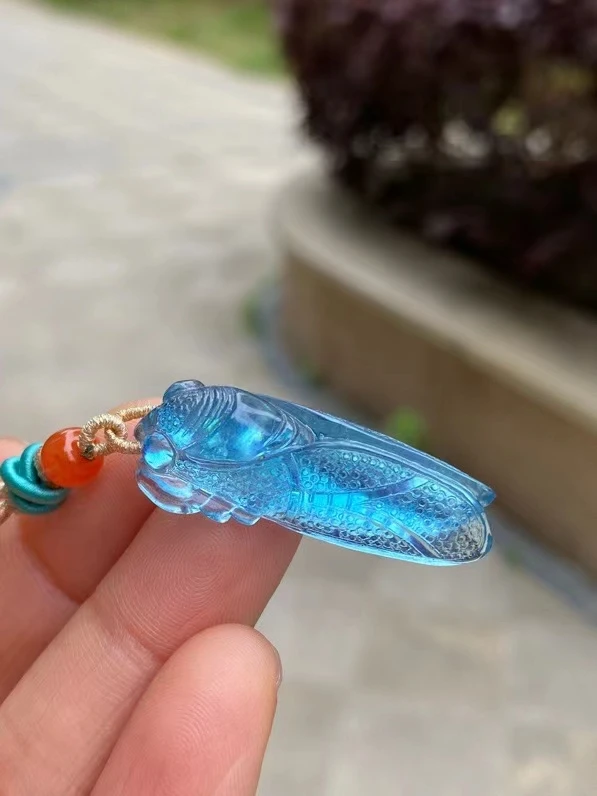 Natural Blue Aquamarine Pendant Cicada Aquamarine Brazil 36*14.5*10mm Gold Women Fashion Jewelry AAAAAA