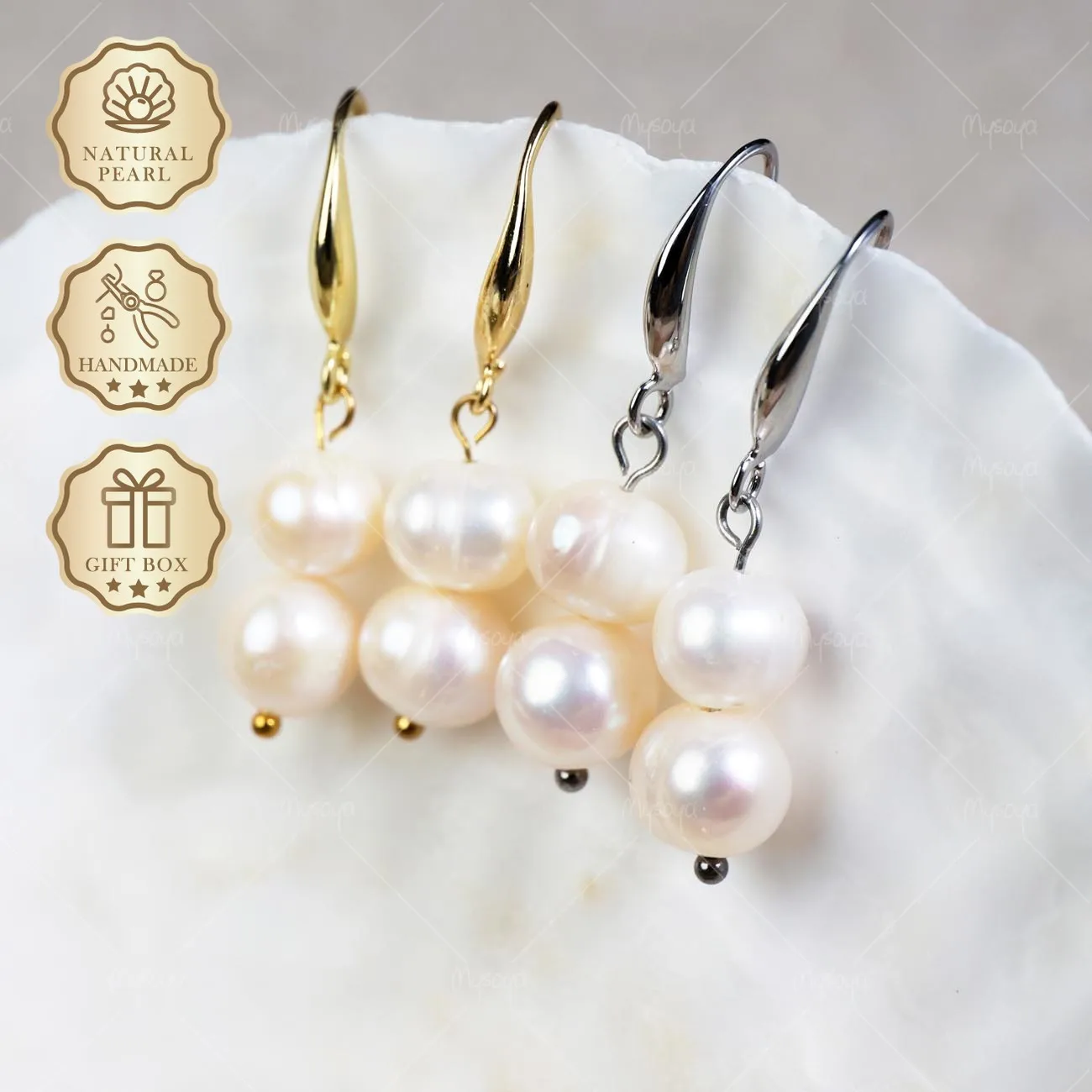 

Mysoya White Freshwater Pearl Drop Hook Earrings 8-9mm Golden Silvery Gift Box Valentine's Day Birthday Gift For Her