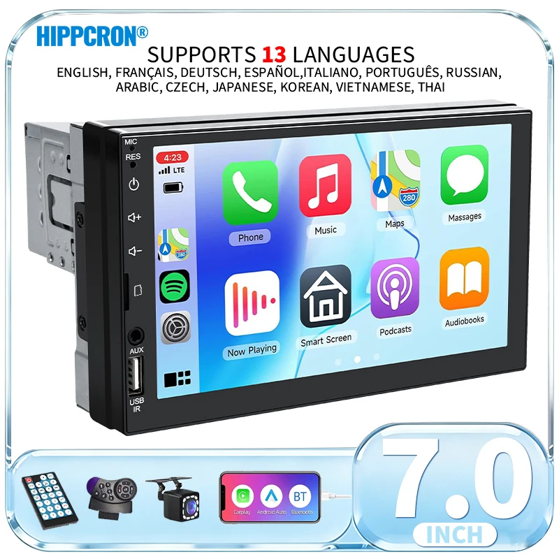 HIPPCRON 7” 1DIN Carplay Android Auto 12V Autoradio MP5 Multimedia-Player FM-Empfänger ISO-Stromversorgung BT5.1 Mirror Link Touchscreen