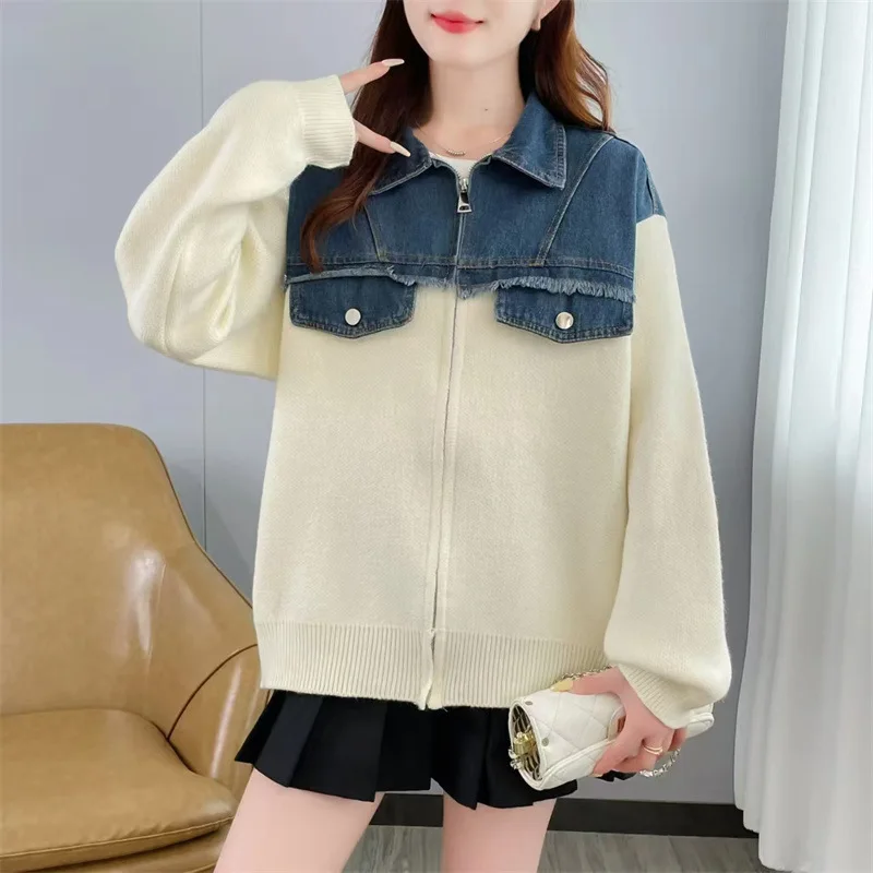 [EWQ] Korea Chic Knitted Cardigan Coats Denim Pocket Knitted Patchwork Design Women\'s Sweater Jacket Autumn Winter 2024 16O1344