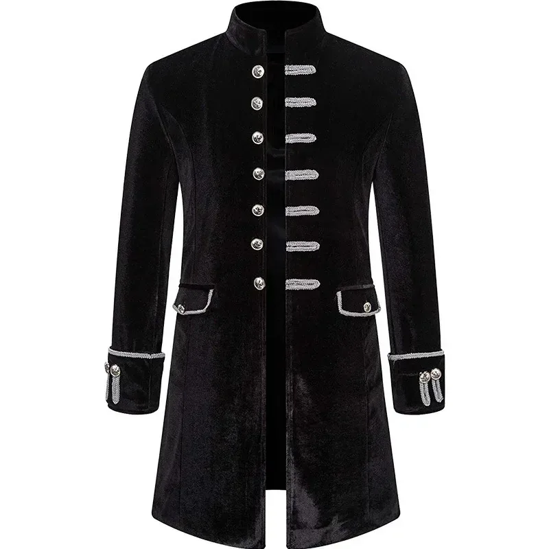 Men's solid color fashion steampunk retro velvet uniform standing collar coat