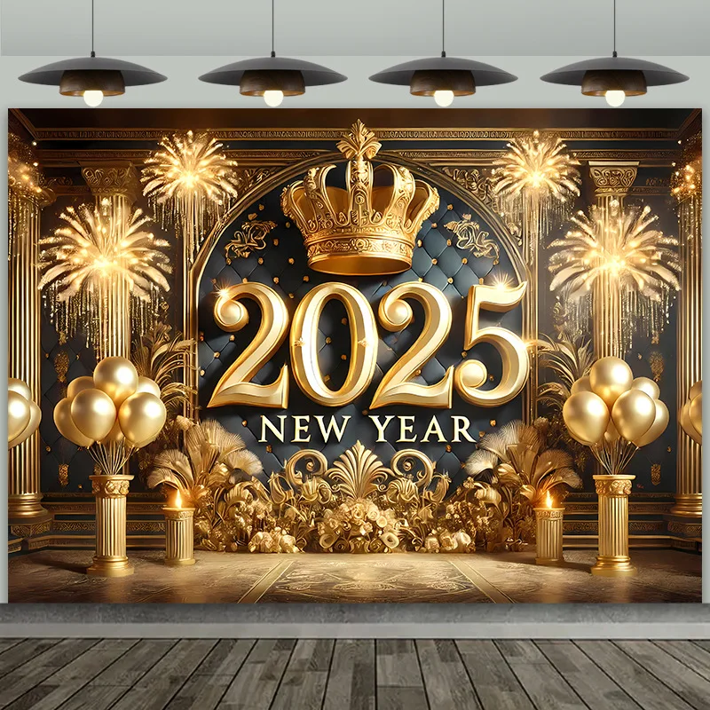 Feliz Año Nuevo telón de fondo Banner champán fuegos artificiales escena dispersa 2025 decoraciones de Año Nuevo fondo de fiesta familiar estudio fotográfico