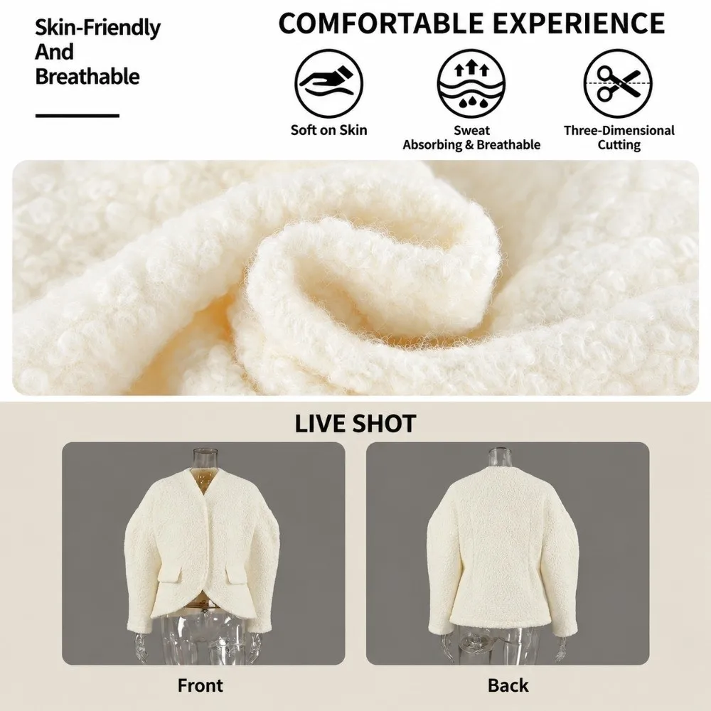 Modische, schicke, lockere Wolljacke mit Baumwollfutter, Tweedstoff, kurzer Mantel, lässige Luxusjacke mit Knopfleiste und Raffung – Detail 1