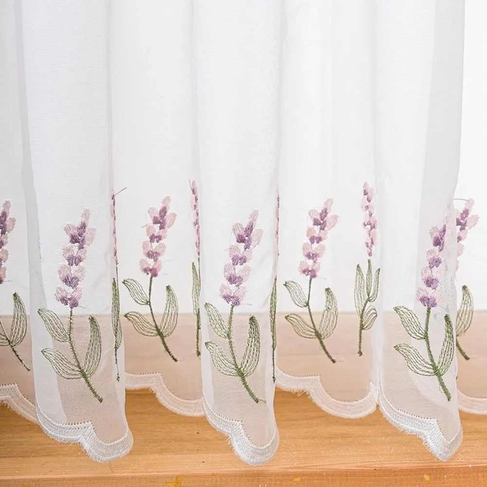 Lavender Pattern Floral Pattern Lace Curtains Dust-Proof Embroidered Floral Short Curtains Light Blocking Cottage Style