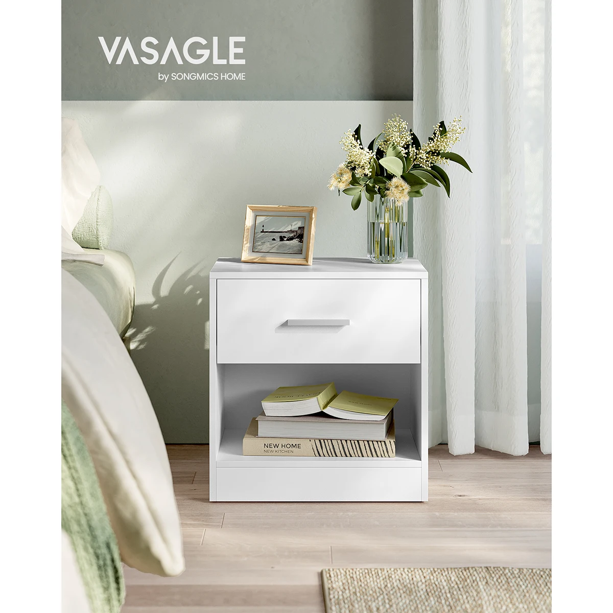 VASAGLE Bedside Table, Side Table with Drawer, Handle, Open Compartment, End Table, for Bedroom, Living Room