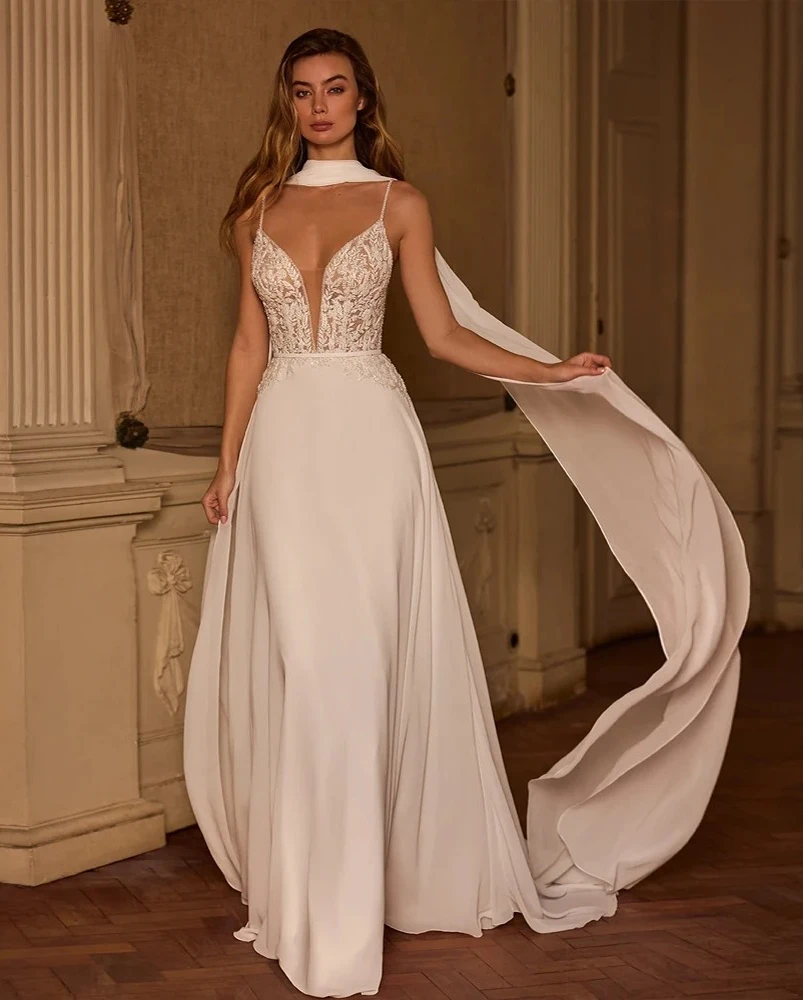 Customized Thin Straps Plunge V A-Line Gown Embellished Bodice Low Back Detachable Shoulder Drape Soft Lightweight Skirt Gown