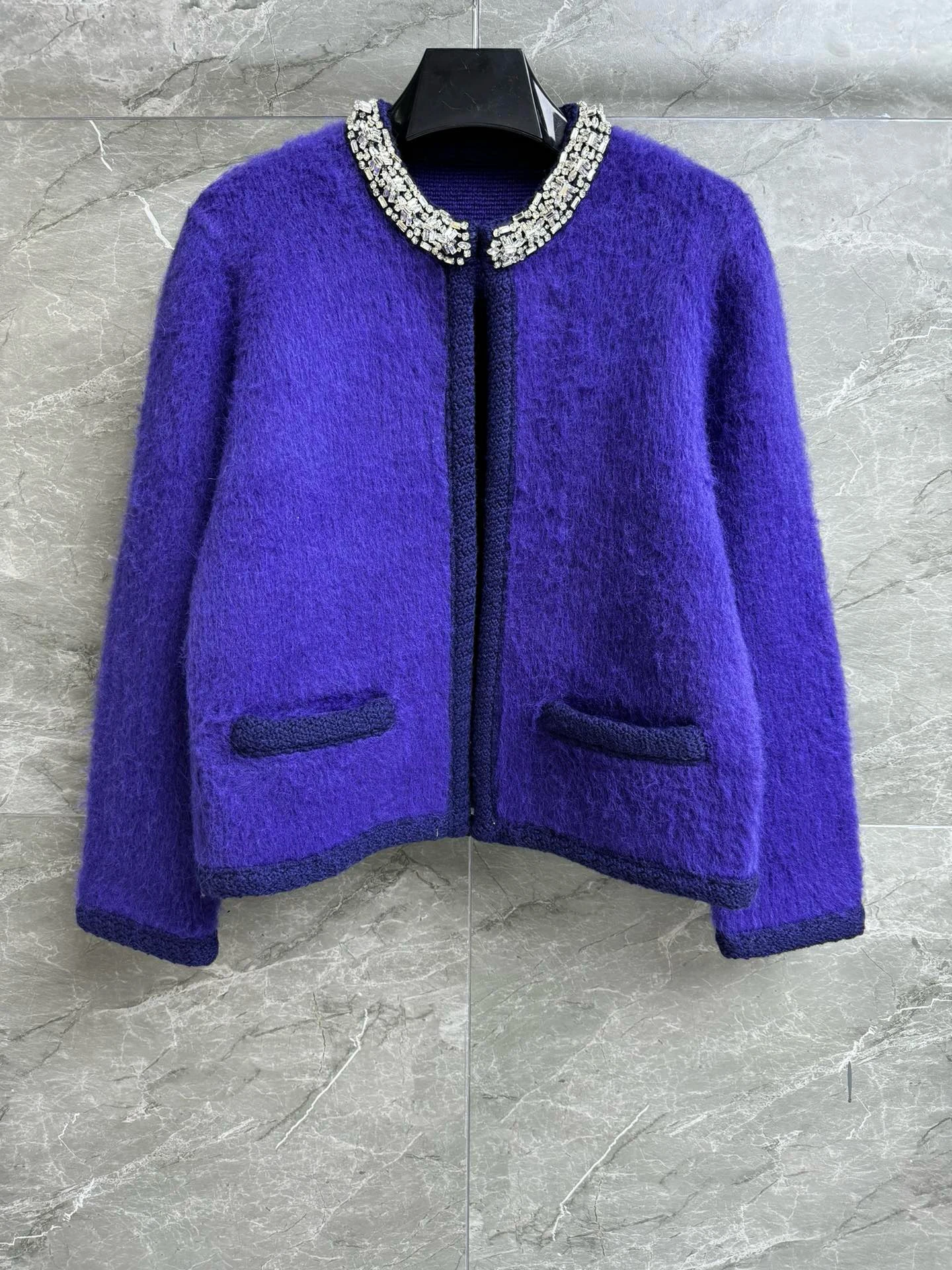 

EVACANDIS Women High Quality Autumn Winter New Diamond Mohair Cardigan Knitted Tops Long Sleeve O-Neck Solid Elegant Chic Casual