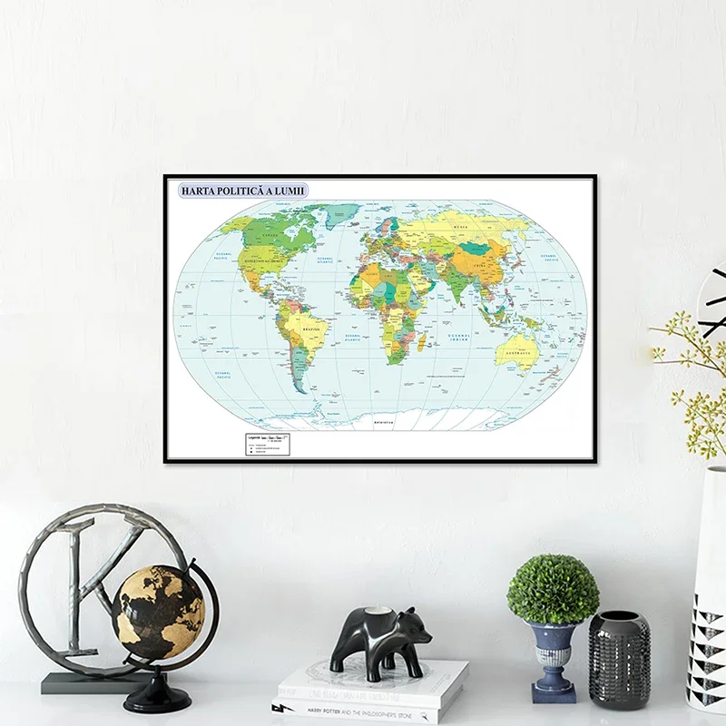 Mapa del mundo en lienzo de 84x59cm, pintura rumana, mapa mundial de distribución política, imagen para decoración de oficina y sala de estar