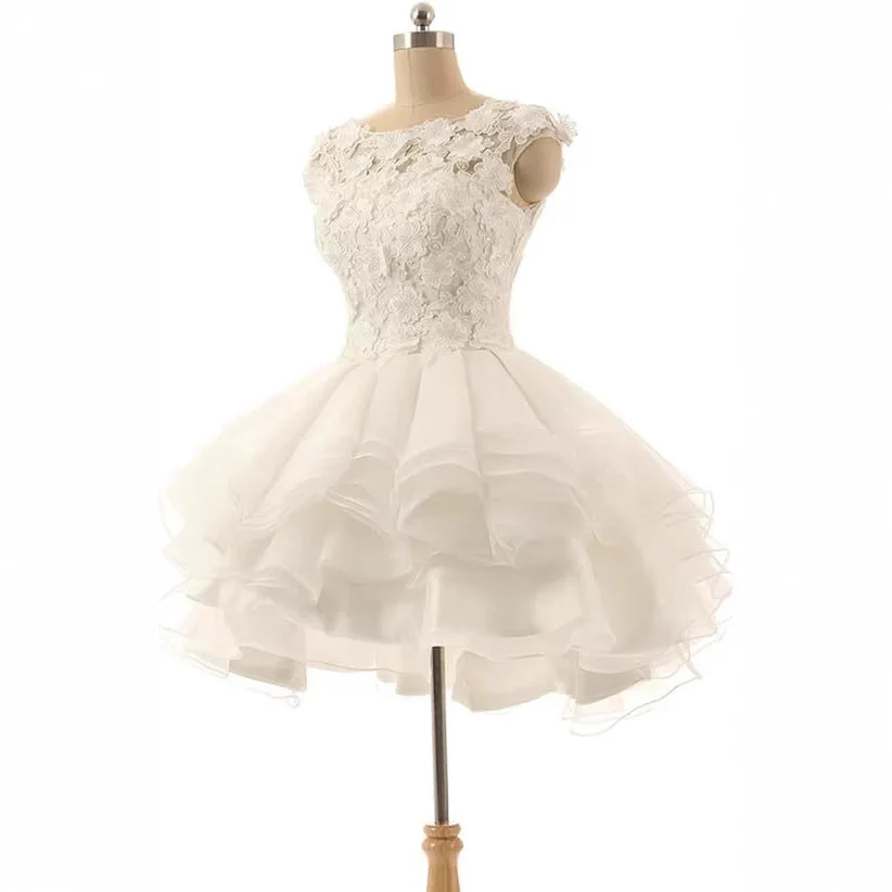 VENSANAC Lace 3D Flowers Short Ball Gown Wedding Dress Illusion Backless Mini Bridal Gown Ruffles Party Dress Customized