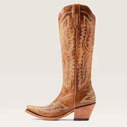 Autumn and Winter Pointed Thick High Heels, Knee Length Embroidered Western Cowboy Boots, Sizes 35-46 Women's Mid Length Boots