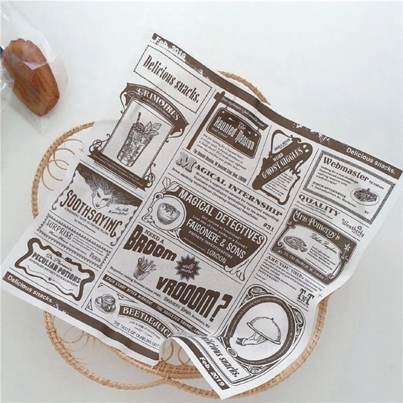 A59E-200Pcs English Newspaper Greaseproof Paper Snack Paper Oil-Absorbent Paper French Fries Sandwich Wrapping Paper,White 22 X