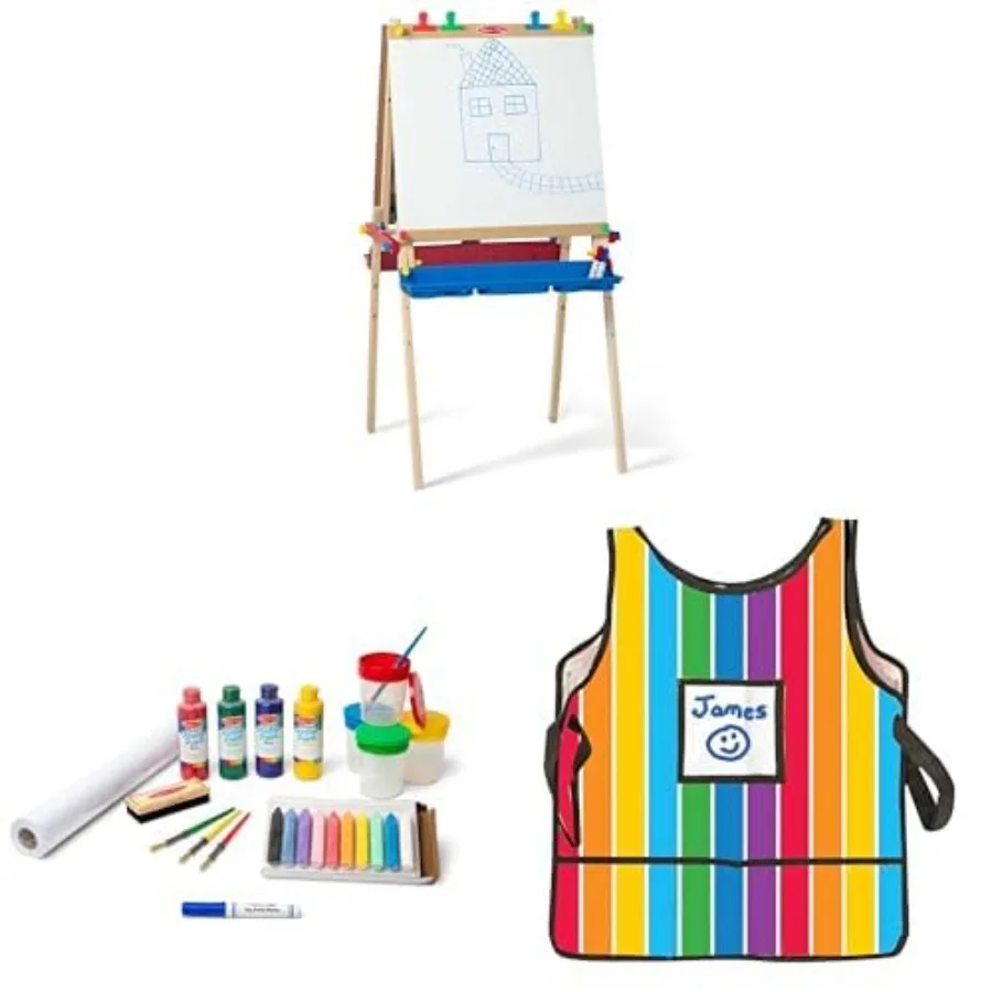 

Art Bundle - Deluxe Wooden Art Easel with Dry-Erase Board and Chalkboard Art Supplies Set with Paint and Brushes and Artist Smo