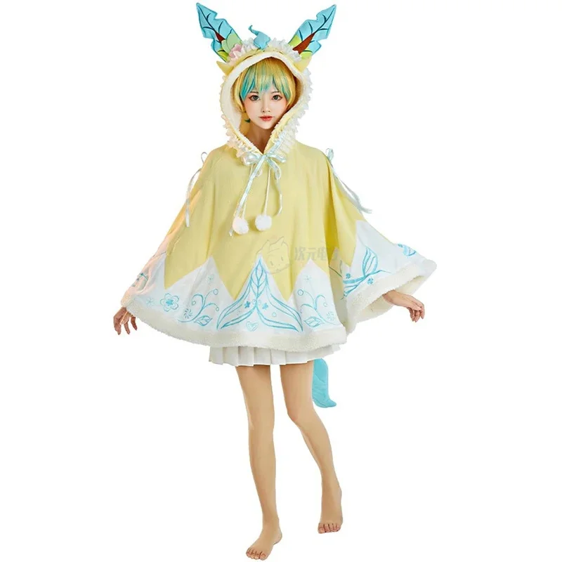 Kostum Cosplay Anime Leafeon, jubah dengan ekor hangat, pakaian rumah bertudung, seragam pesta Halloween wanita musim gugur dan musim dingin