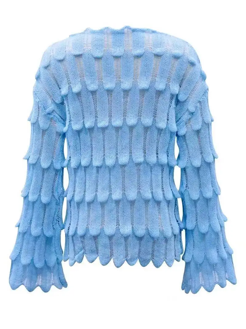 Autumn Winter Chic Feather Textured Hollow Out Knit Sweater Women Elegant Stylish Long Flare Sleeve Slouchy Versatile Loose Pull 3 Autumn Winter Chic Feather Textured Hollow Out Knit Sweater Women Elegant Stylish Long Flare Sleeve Slouchy Versatile Loose Pull 3