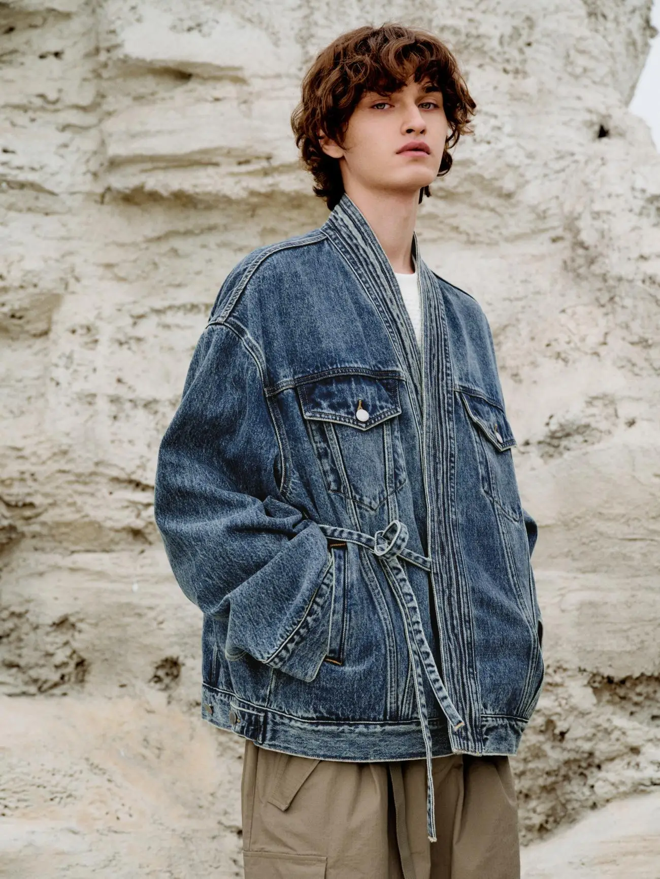 

Loose Men's Denim Jaet Blue V-Ne Street Sle Asymmetric Design Spring Autumn Casual Outerwear Trendy Brand ex