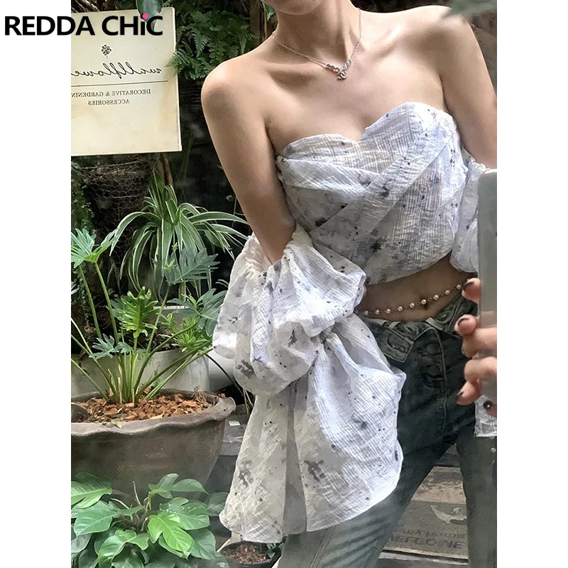 

ReddaChic Tie Dye Puff Sleeves Crop Top Women Chiffon Aesthetic Print One-shoulder Corset Tube Top Summer Music Festival Outfit