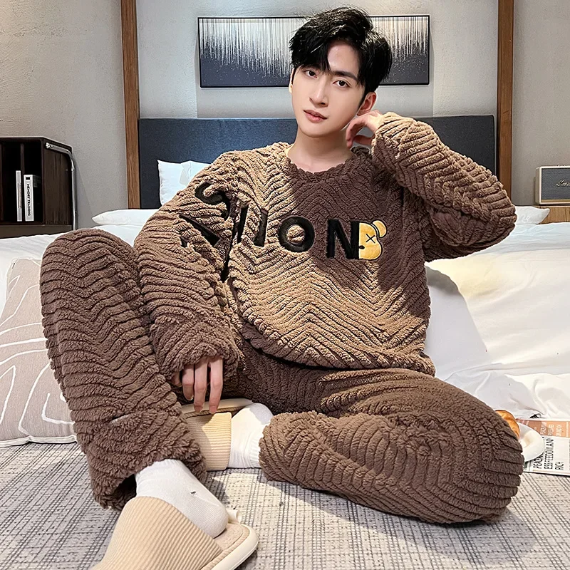 Pajama Coral Velvet Autumn and Winter with Velvet Thickened Flannel Winter Homewear Set Cosy Thermal Pajamas Both Men Women