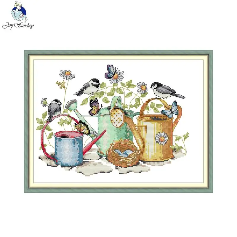 Joy Sunday Bird And Kettle Pattern Cross Stitch Kits DIY Aida Cloth 16/14/11CT Printed Counted Canvas Hand Needle Embroidery Set