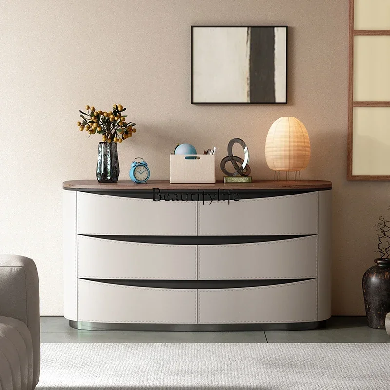

LDItalian minimalist saddle leather dining side cabinet modern light luxury solid wood living room entrance bedroom locker