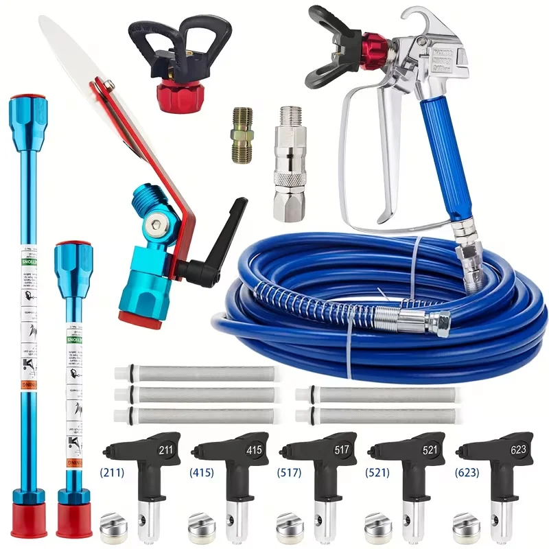 Airless Spray Gun Accessories Set, 211/415/517/521/623 Tips, Extension Pole, High Pressure Hose, Swivel Fitting Airless Paint