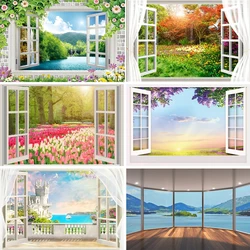 Spring Window Scenery Backdrops Landscape Forest Trees Wallpaper Baby Photography Background Photo Studio Secret Garden Decor