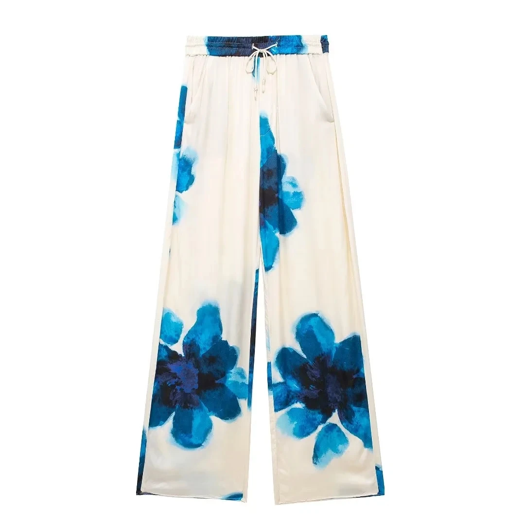 HH Frauen Fashion Floral Print Bluse Hose Sets Langarm Revers Hemd Kordelzug Breite Bein Hosen Weibliche Streetwear Anzug – Detail 34