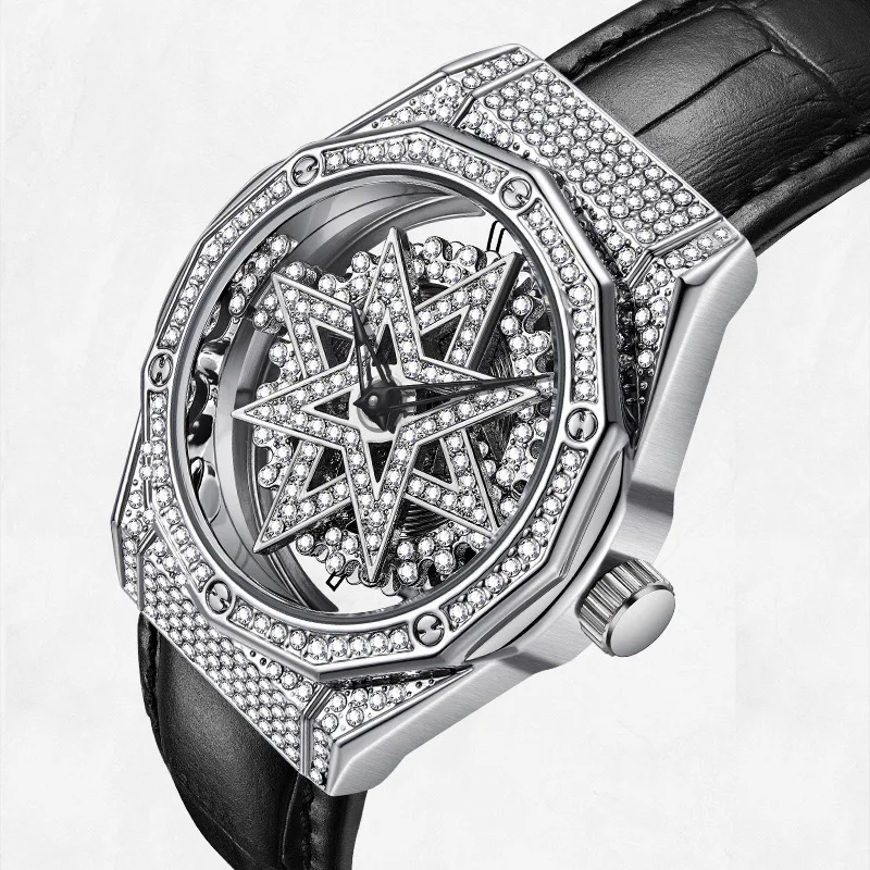 FairAndorra-Montre Glacée avec Bracelet en Cuir pour Femme, Montre-Bracelet de Luxe, Cadran Rotatif en Diamant, Cadeau Bling pour Dame, 2024 Mark Fashion