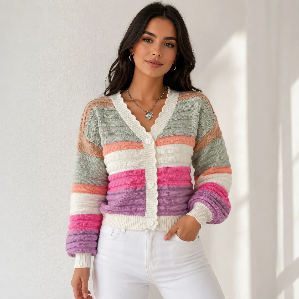 EOENKKY Women Colorblock Striped Knit Cardigan V Neck Button Front Lantern Sleeve Loose Sweater Fall Winter
