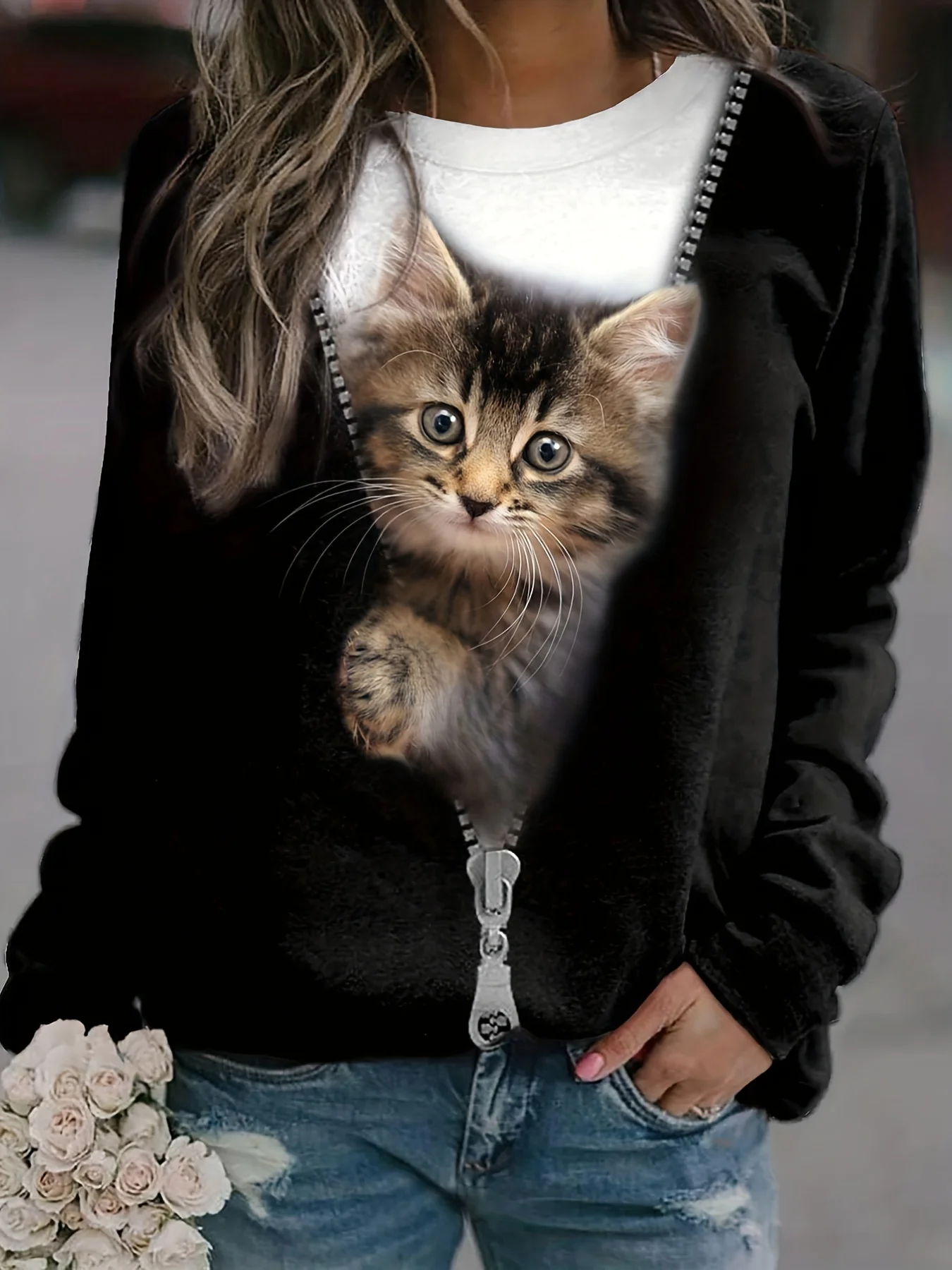 Spring Summer Women\'s Casual T shirt 3D Cat Print Gradient T-shirt Loose Long Sleeve O-Neck Tee Fashion Harajuku Women\'s Tops
