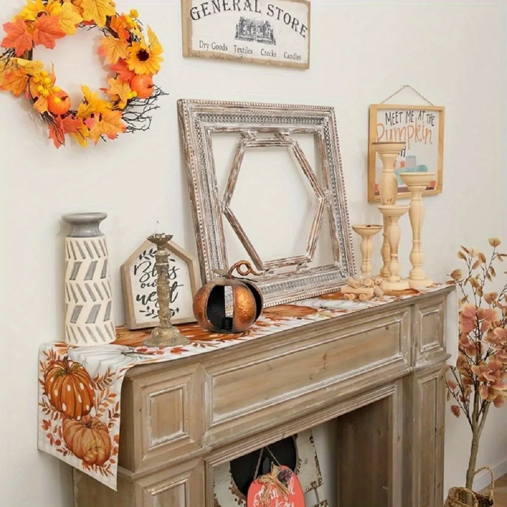 Herbstlicher Kürbis-Tischläufer mit Punktemuster, mit orangefarbenen Punkte-Kürbissen und Herbstblättern, geeignet für Restaurant, Picknick – Detail 3