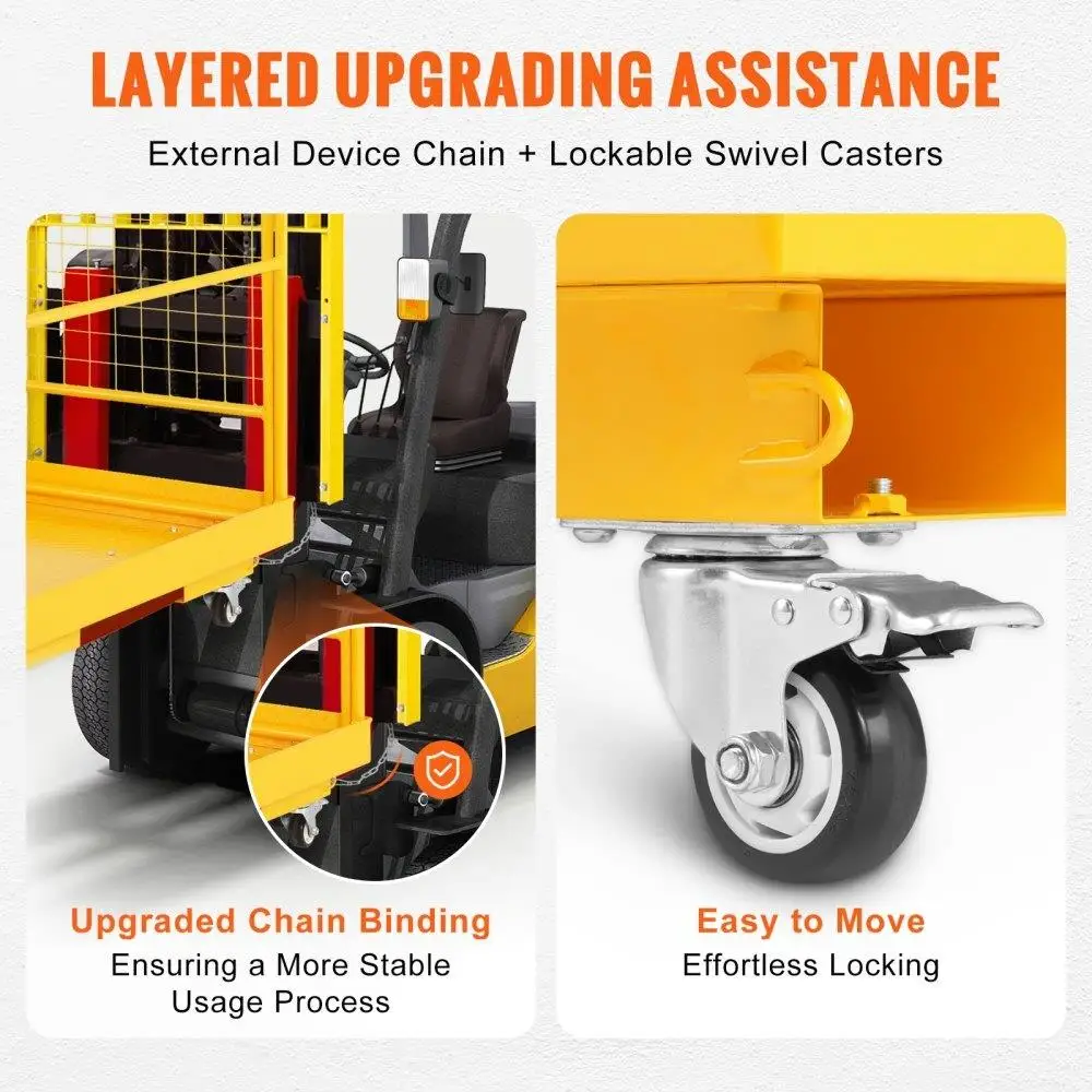 Kandang Pengaman Forklift Lipat Kapasitas Beban 1200 Lbs Platform Kerja 36X36 Inci dengan Rantai Perangkat Lubang Pembuangan Roda yang Dapat Dikunci untuk