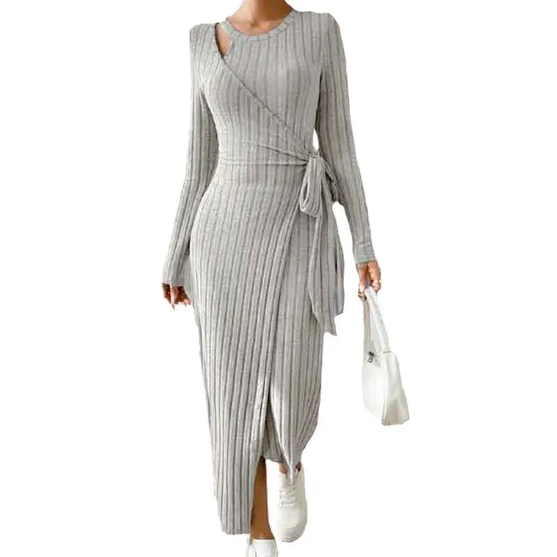 Elegant Women\'s Solid Color Knitted Sweater Dress Round Neck Long Sleeve Lace Knitted Slimming Split Dress Autumn 2024 New Item