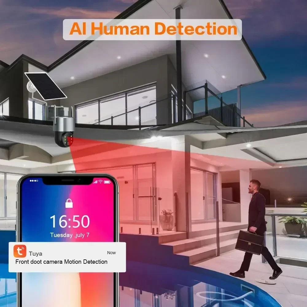 5MP TUYA Solar WiFi Cámara IP Exterior Batería incorporada Seguridad 360 °   Cámara PTZ Panel Solar Videovigilancia Inalámbrica CCTV