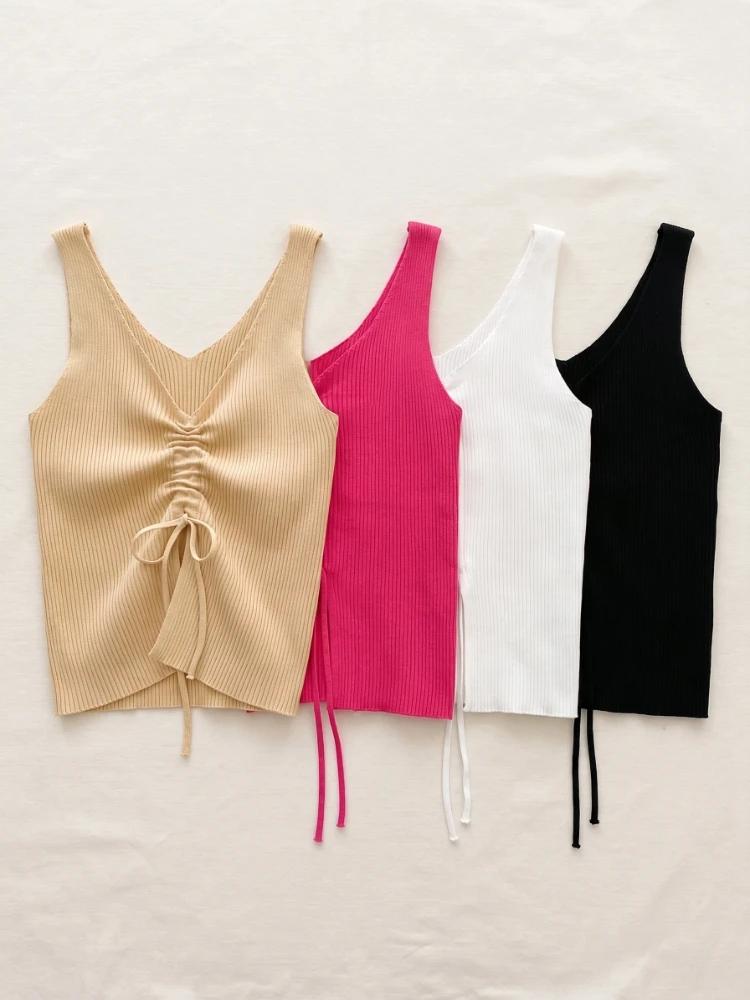 High Stretch Split Cropped Tops Summer Women Drawstring Front Ribbed Knit Tank Top Femme Sexy V Neck Sleeveless Crop Top Clothes