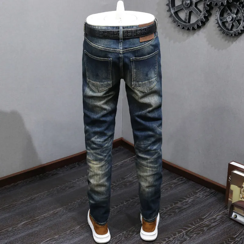 Fashion Designer Men Jeans High Quality Retro Washed Blue Stretch Slim Fit Ripped Jeans Men Slevedge Vintage Denim Pants Hombre