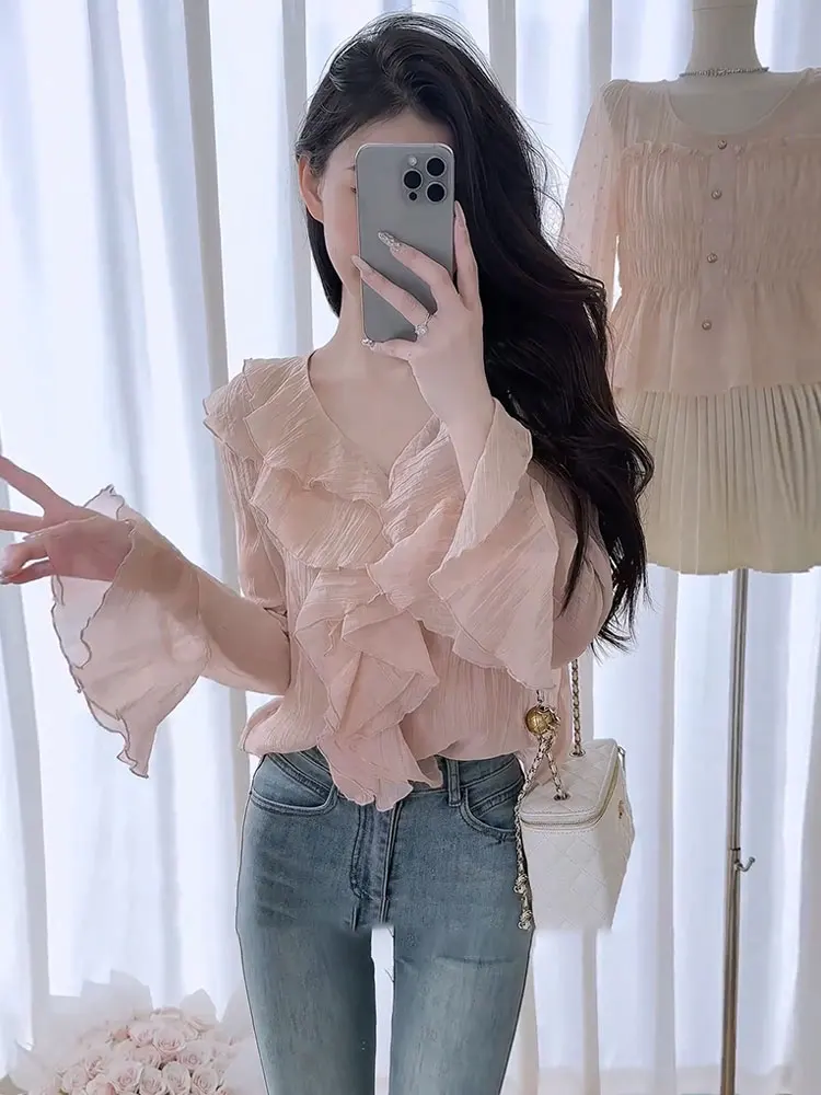 

Pink Atmosphere Sense Lace Trim V Neck Shirt Women's Sweet Style Early Autumn New Single Wear Breathable Loose Fit Long Sleeve