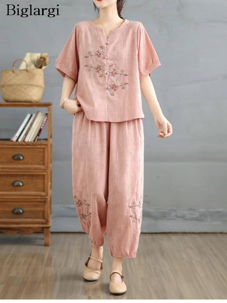 

Oversized Summer Pink 2 Two Piece Set Women Flower Floral Embroidery Modis Ladies Blouses Elastic Waist Loose Casual Woman Pants