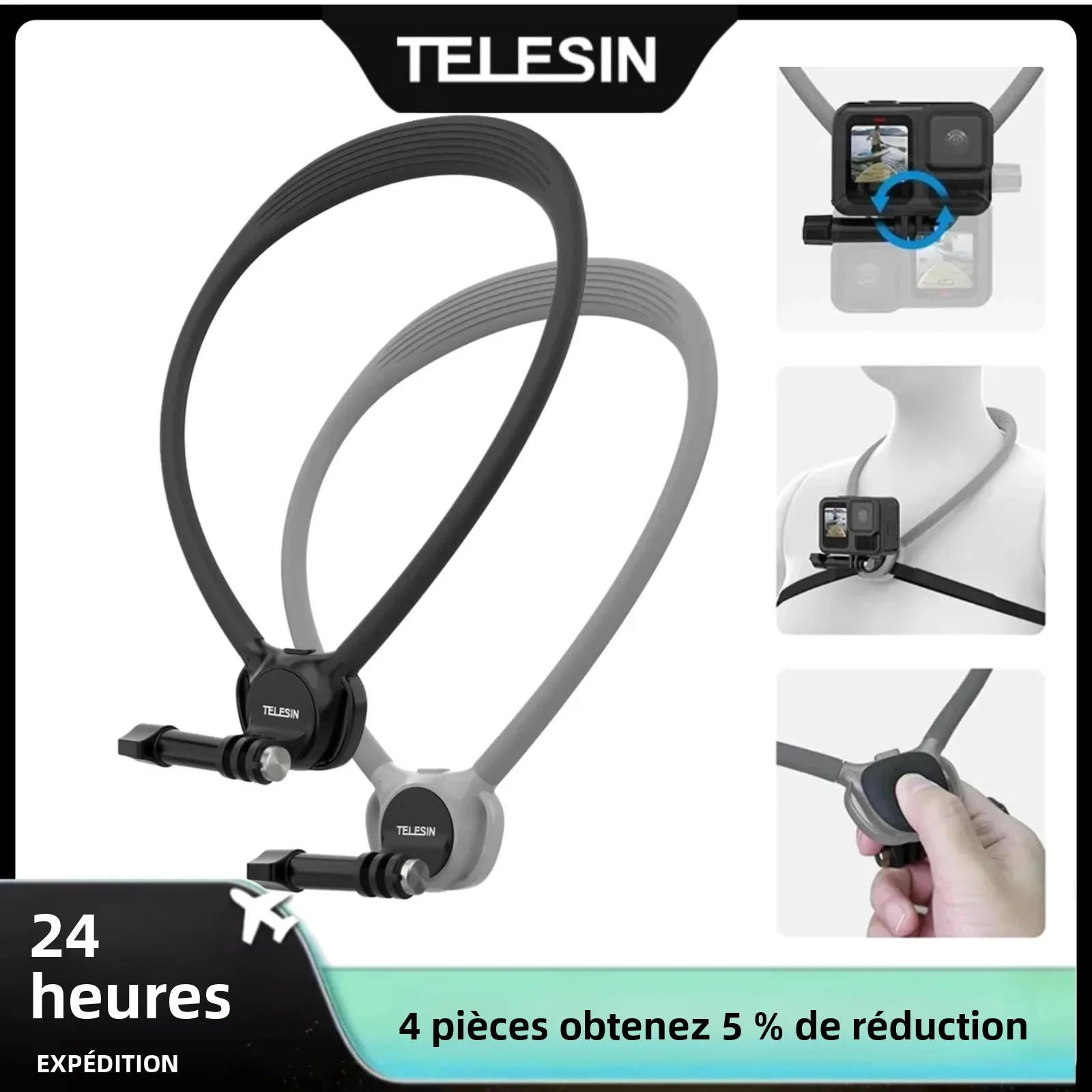 TELESIN – support de cou en Silicone pour Gopro Hero 13 12 11 10 9 8 DJI OSMO Action 5 4 3 Insta360 X5/X4/X3, accessoires Go Pro