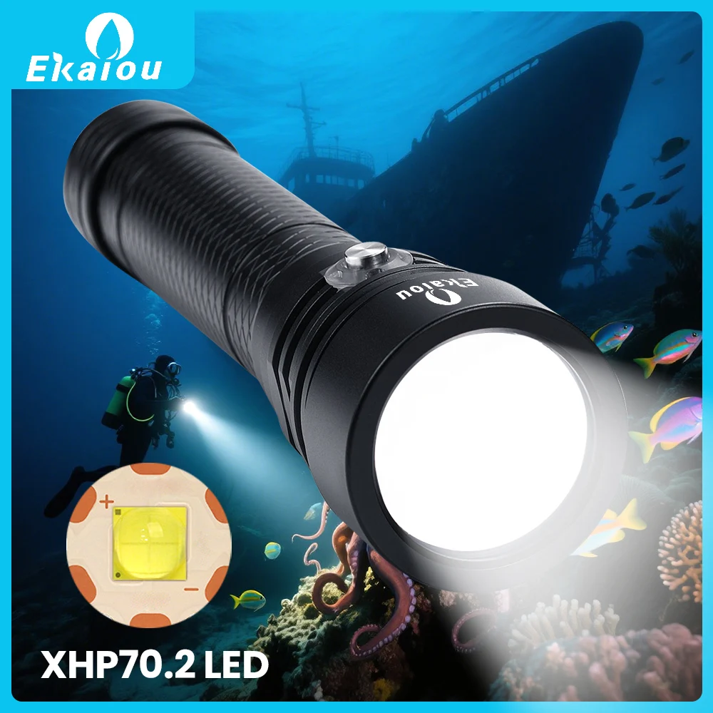 Ekaiou New Professional High Power Spearfishing Hunting XHP70.2 6000 Lumens LED Diving Flashlight 26650 Underwater Dive Light