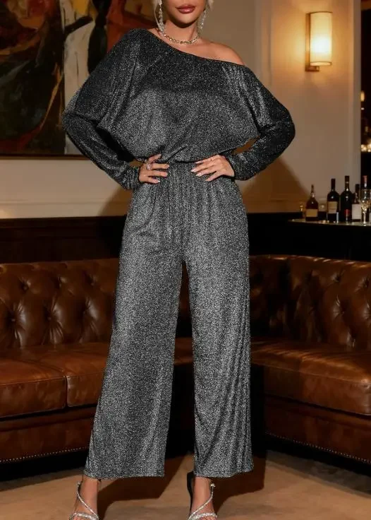 Temperament Female Elegant Long Party Jumpsuits Autumn New Fashion Slant Shoulder Sparkling Glitter Evening Jumpsuit for Women
