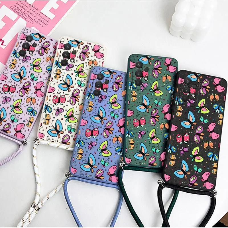 เคสซิลิโคนลายผีเสื้อมีสายคล้องไหล่สำหรับซัมซุงกาแล็คซี่ A54 A34 A73 A24 A53 A52 A52S A04S ฝา A72 A04E